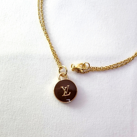 Authentic Louis Vuitton brown gold LV charm on gold stainless chain - Picture 1 of 7